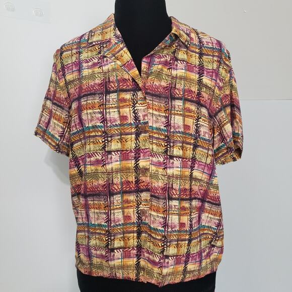 Liz Claiborne 100% Silk Plaid Button Front Top and High Rise Shorts Suit Set 8 - Picture 2 of 15